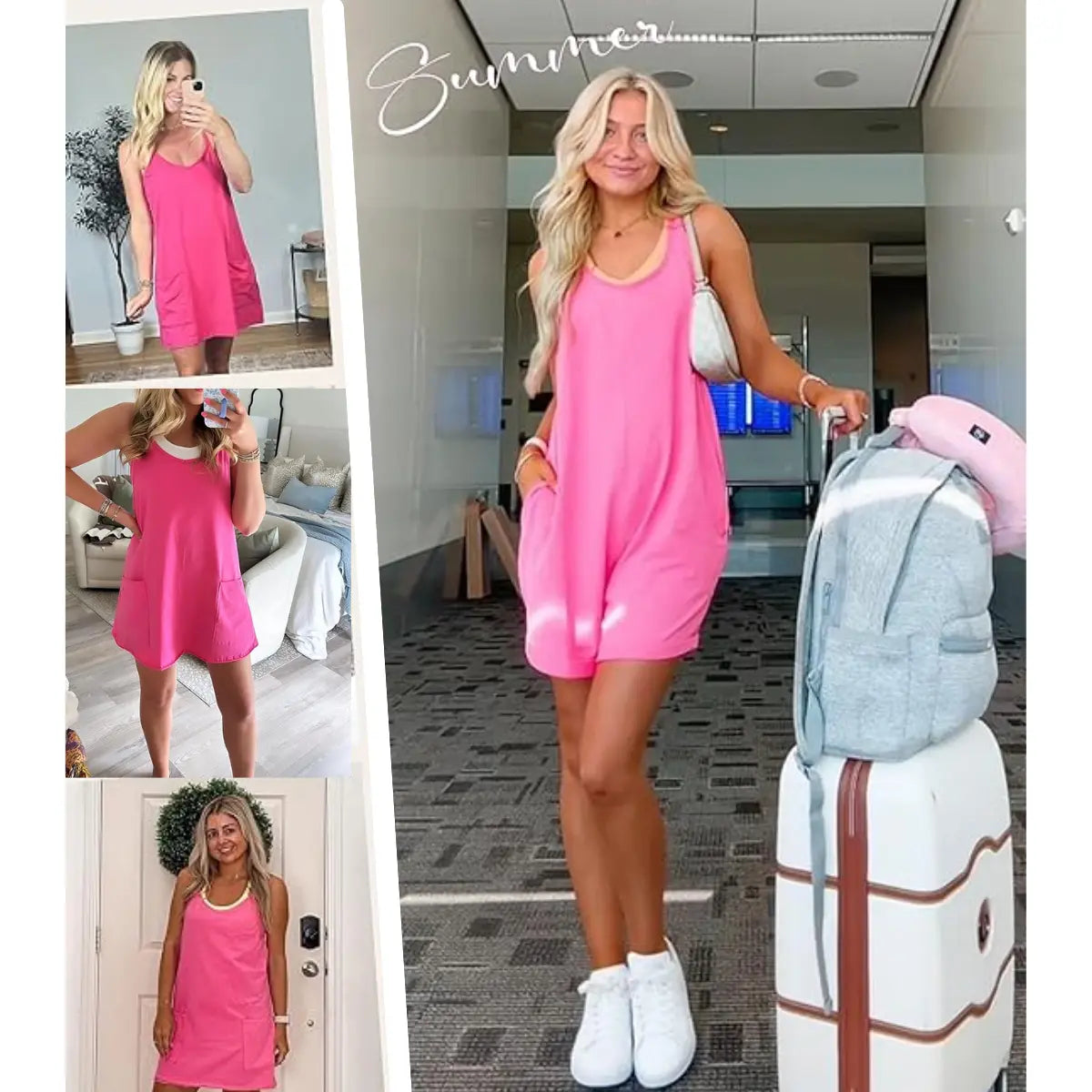 Summer Sleeveless  Mini Dress with Built-in Shorts V Neck Spaghetti Straps Athletic Shorts Tennis Dress with Pockets